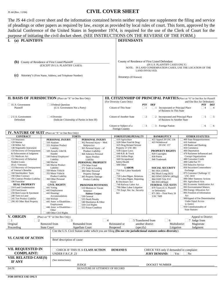 JS 44 Civil Cover Sheet Federal District Court South Carolina Form