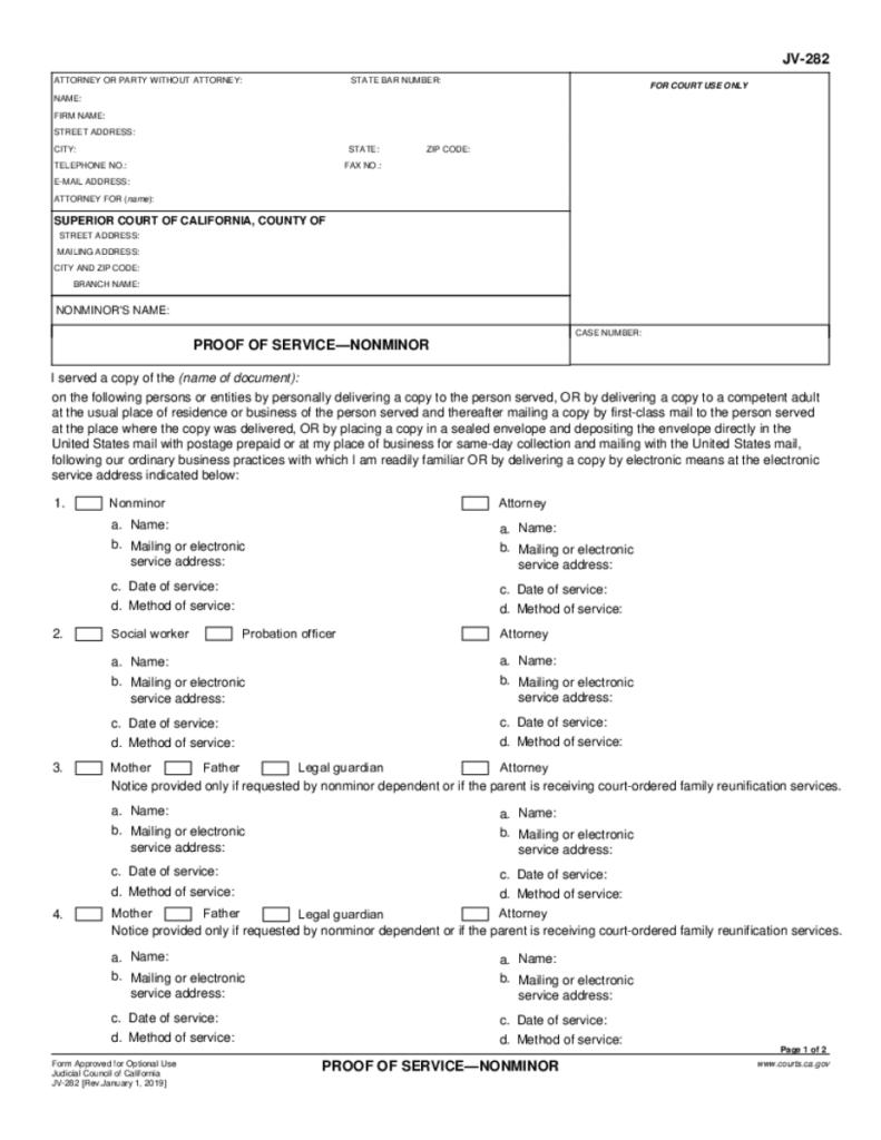 JV 282 PROOF Of SERVICENONMINOR Judicial Council Forms Fill Out And 