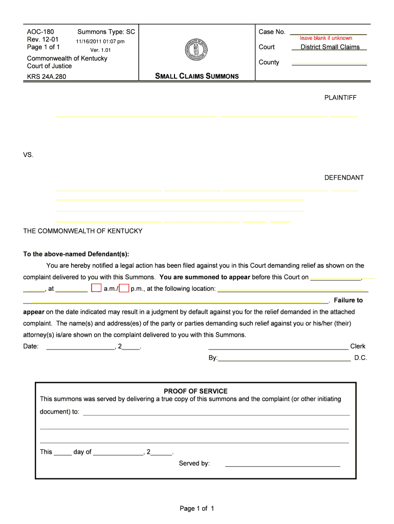 Kentucky Summons Form Fill Out And Sign Printable PDF Template SignNow