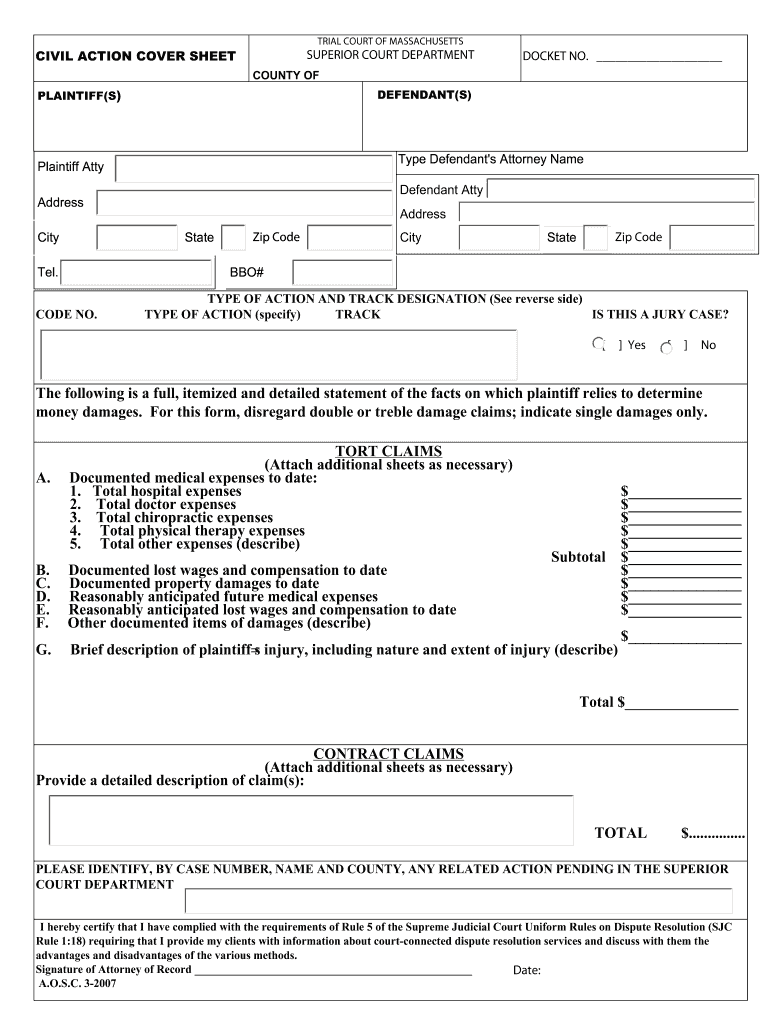 Massachusetts Civil Action Cover Sheet Fill Out Sign Online DocHub