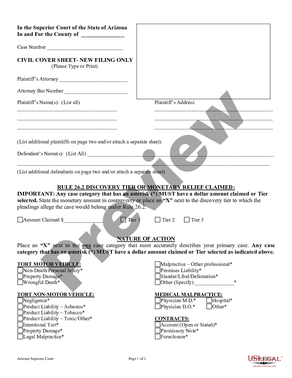 Mesa Arizona Civil Cover Sheet For Name Change US Legal Forms