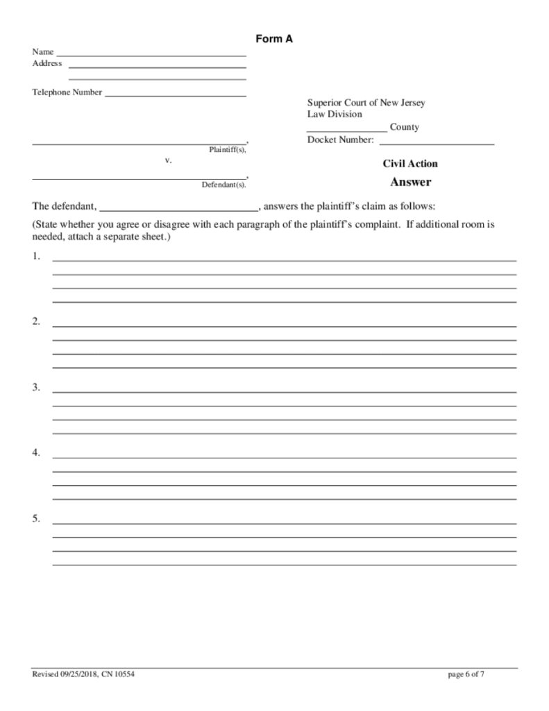 New Jersey Special Civil Part Answer Form Fill Online Printable 