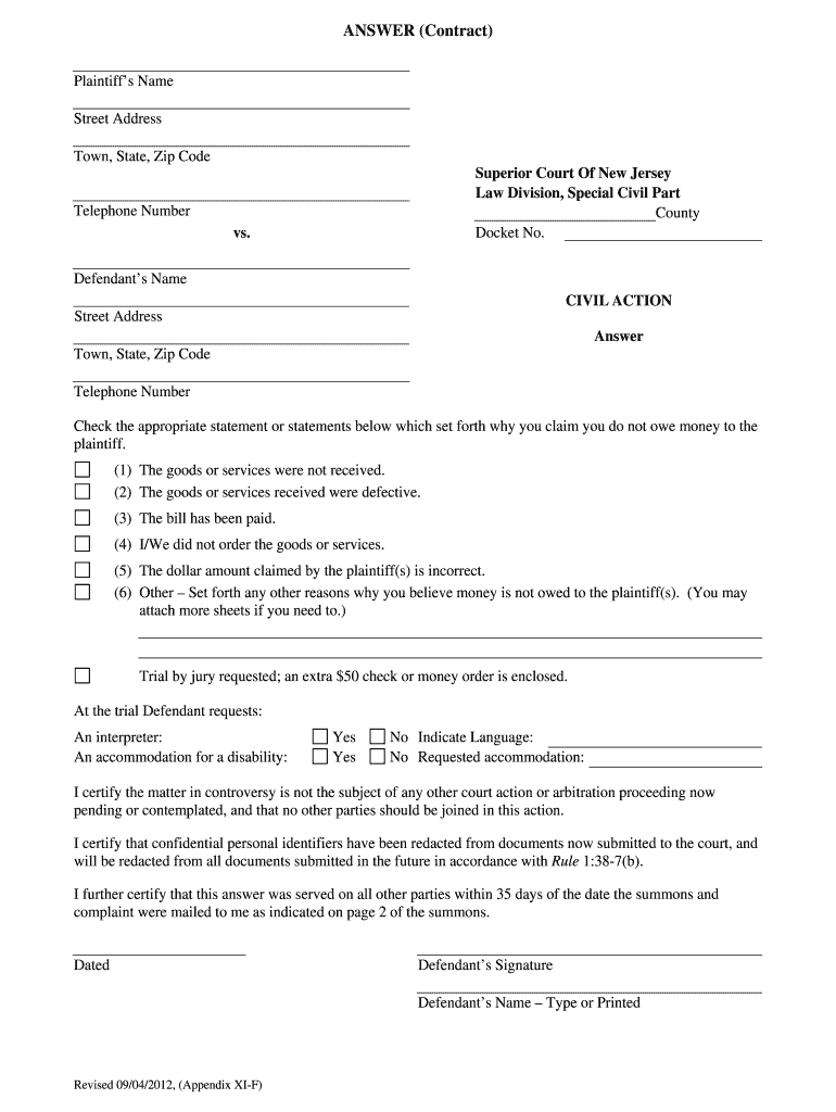 Nj Special Civil Part Answer Form Fill Online Printable Fillable