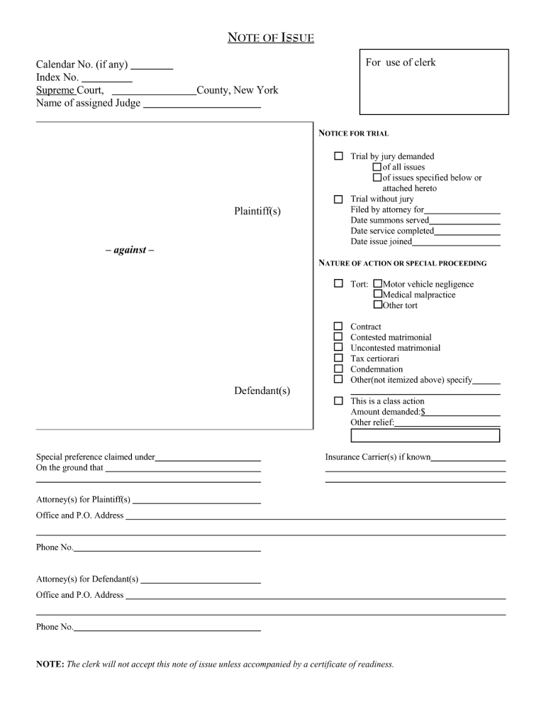 Note Of Issue Form Fill Out And Sign Printable PDF Template SignNow