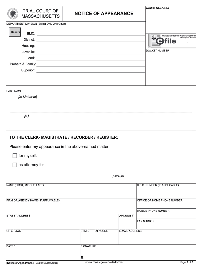 Notice Of Appearance Massachusetts Form Fill Out And Sign Printable