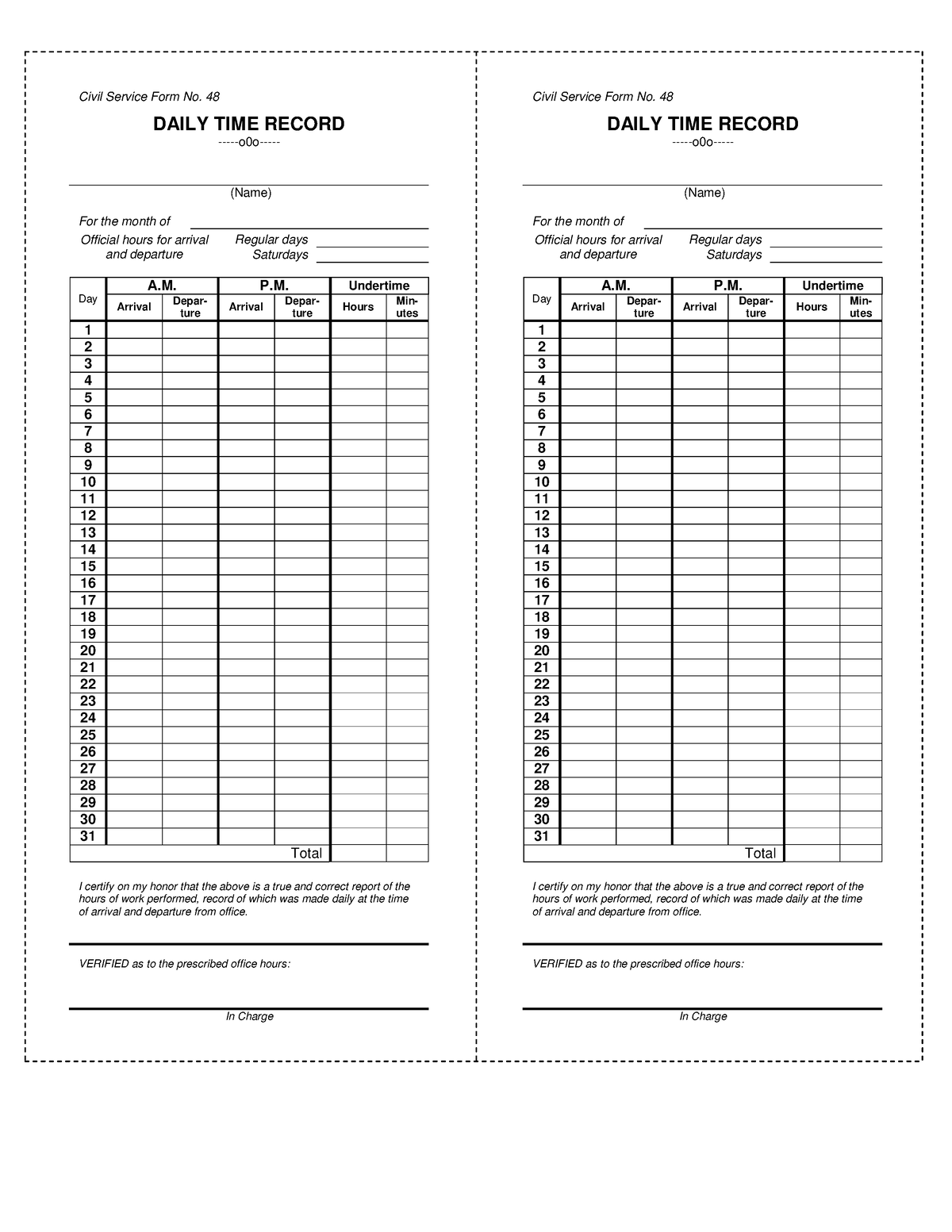 Pdfcoffee Sample DTR Form Civil Service Form No 48 DAILY TIME 