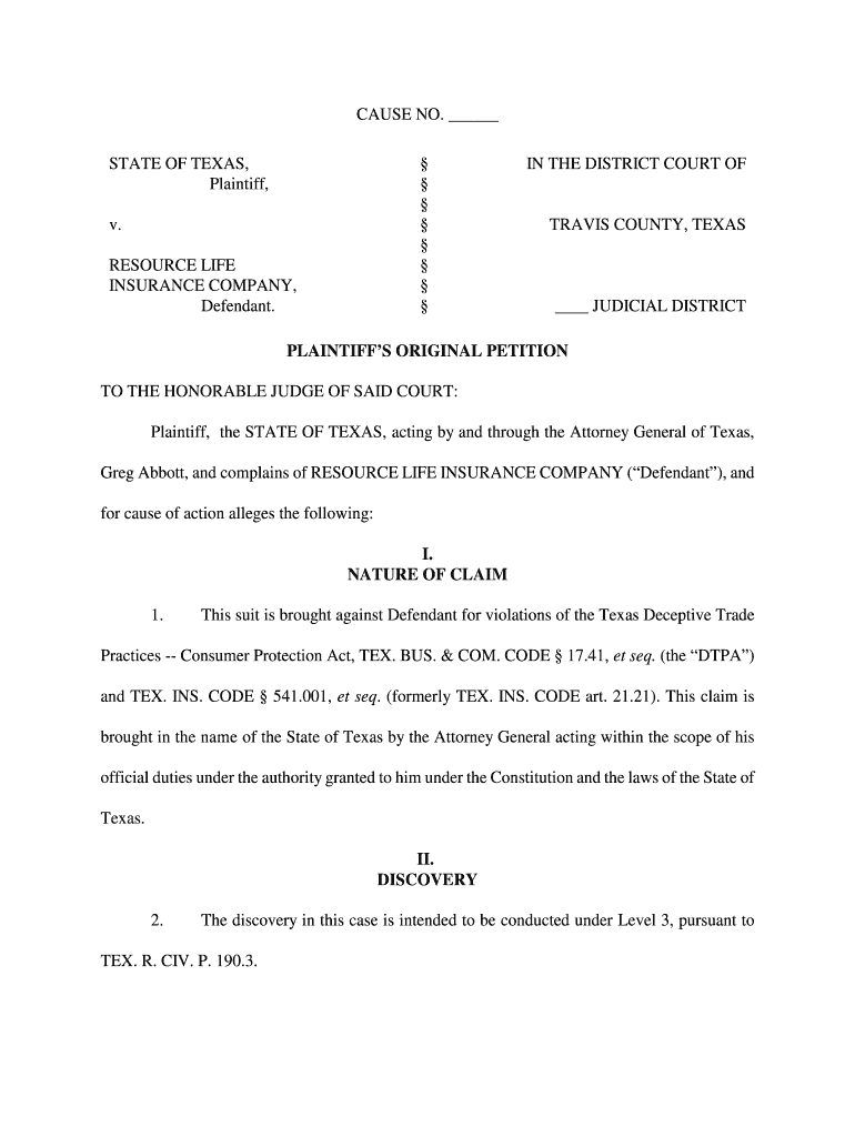 Plaintiff s Original Petition Texas Template Fill Out Sign Online