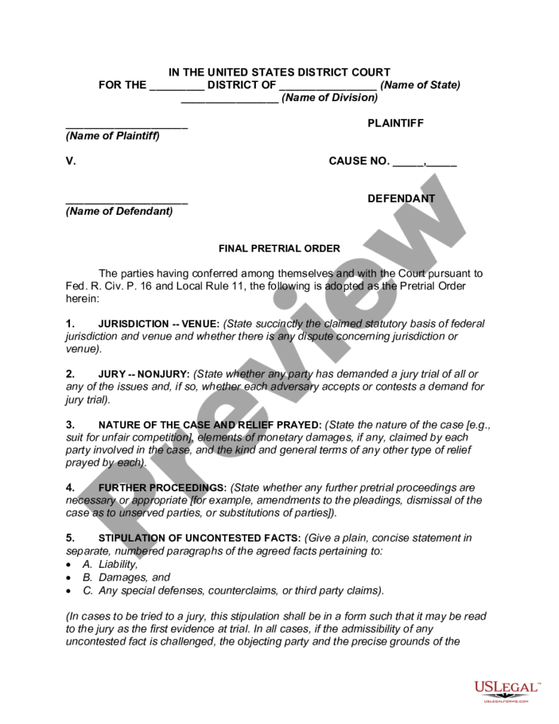 Pretrial Memorandum Template US Legal Forms