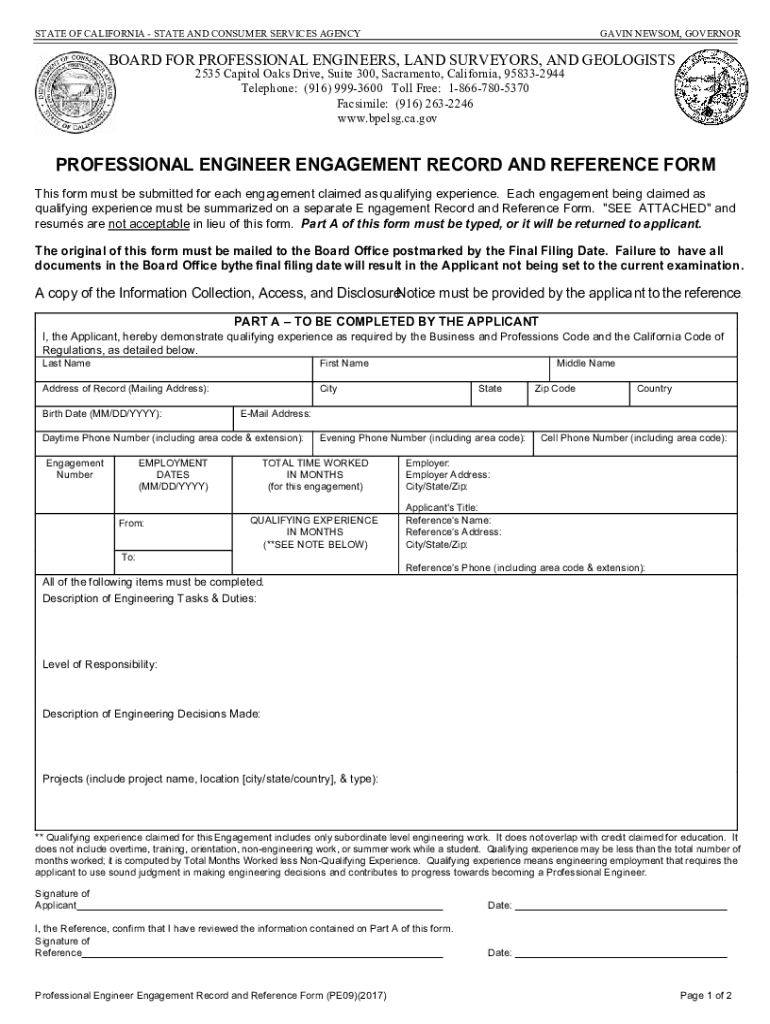 Professional Engineer Engagement Record And Reference Form