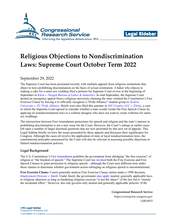 Religious Objections To Nondiscrimination Laws Supreme Court October