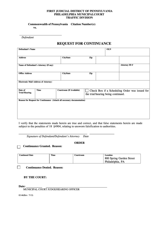 Request Form For Continuance Printable Pdf Download