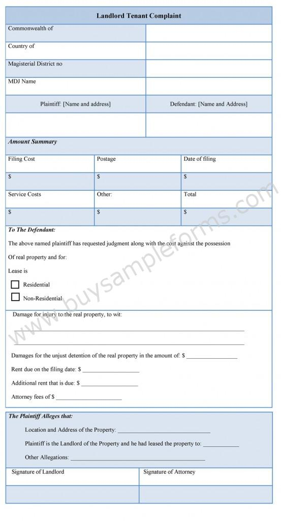 Sample Landlord Tenant Complaint Form Template Ms Word 