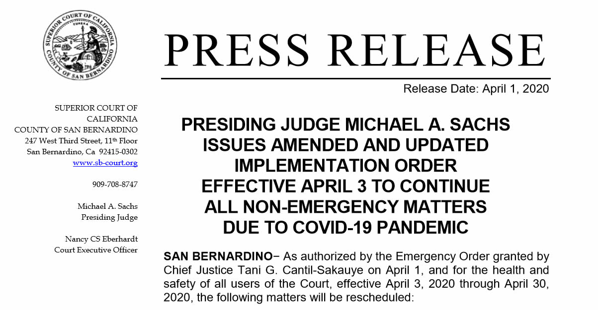 San Bernardino Superior Court Issues Amended Order Continuing All Non