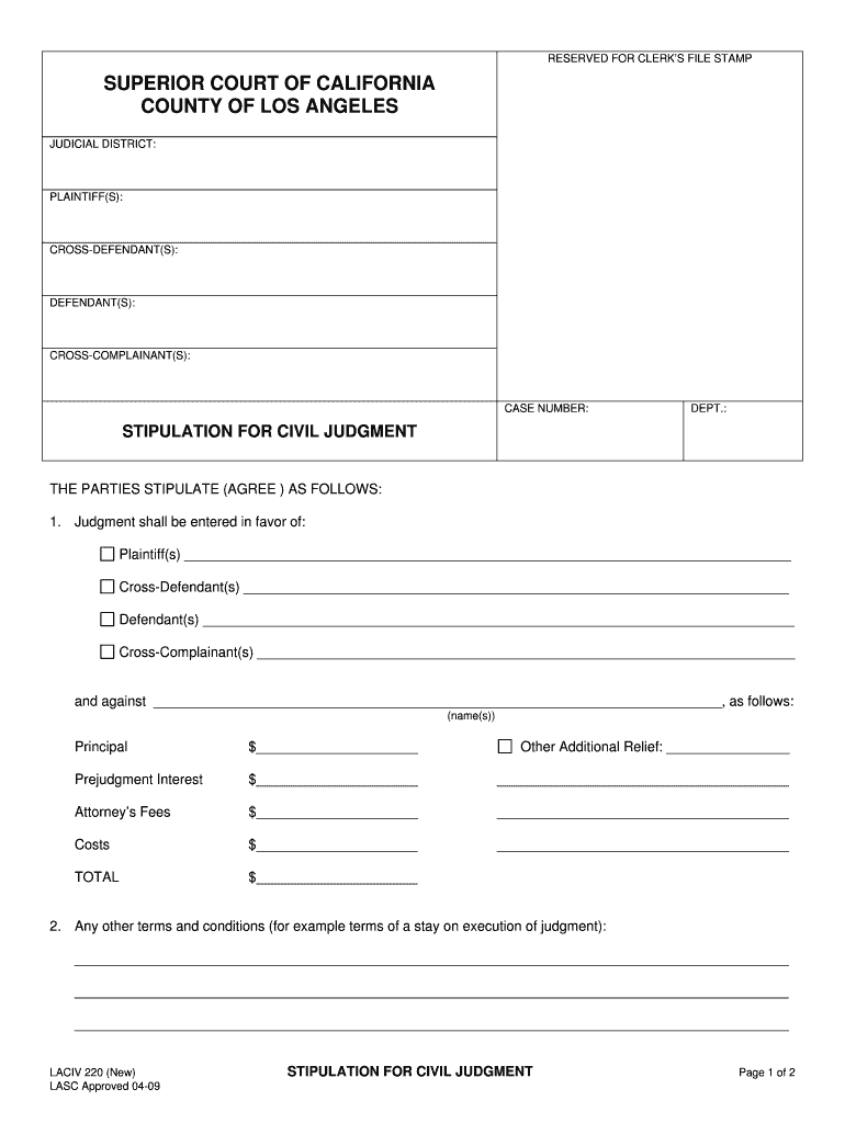 Stipulation For Civil Judgment Los Angeles Superior Court Fill Out