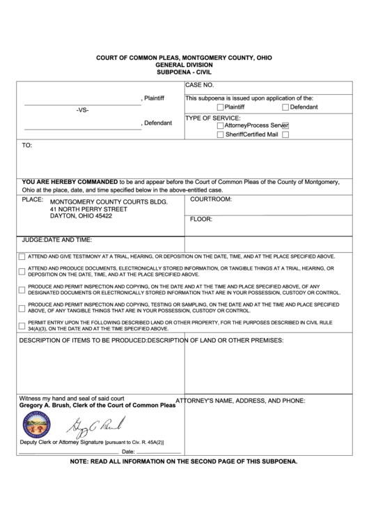 Subpoena Service Form Civil Civil Form 2023