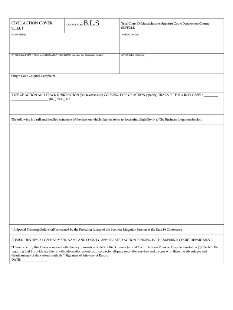 Superior Court Civil Action Cover Sheet Ma Fill Online Printable 
