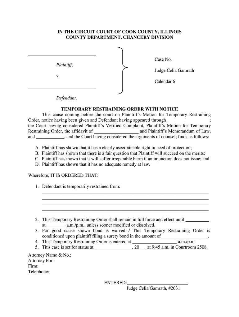 Temporary Restraining Order With Notice Circuit Court Of Cook Fill 