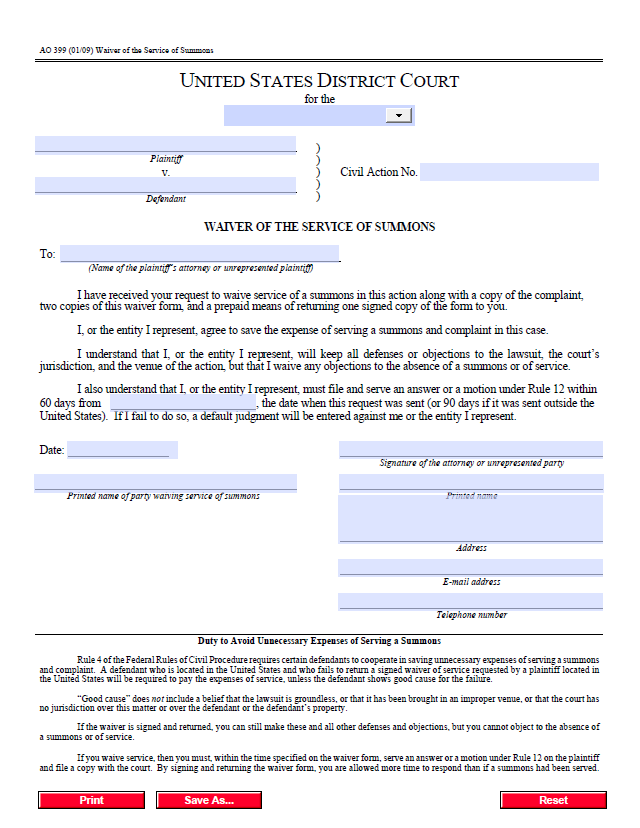 Waiving Summons In Federal Court Cornerstone Law Firm