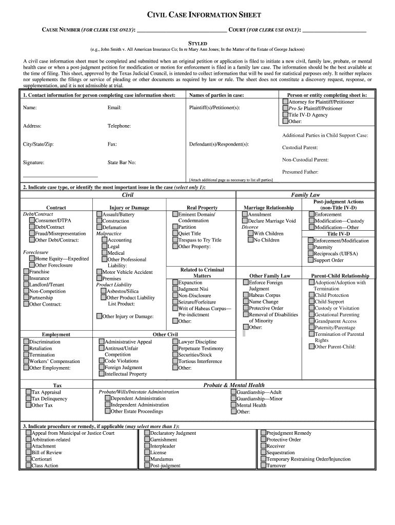 Wichita County Supplementary Probate Case Information Sheet Fill Out
